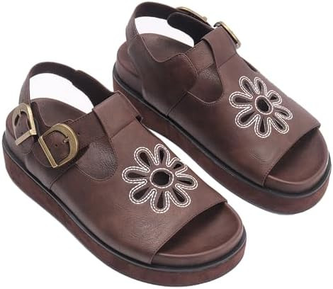 Brown Flower Platform Sandals for Women with Adjustable Buckle Back Strap Comfort Summer Open Toe... | Amazon (US)