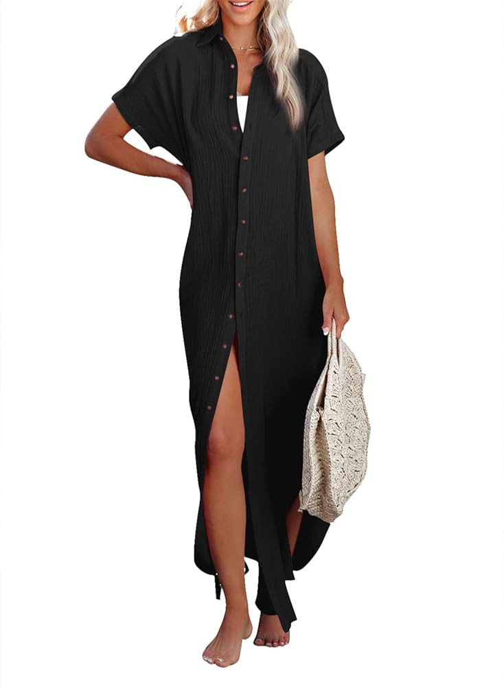 Herseas Womens Casual Short Sleeve Button Down Dress Side Split Long Kimonos Cardigans Swimsuit C... | Amazon (US)