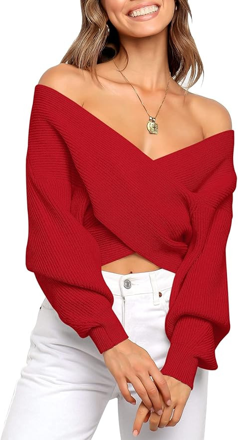 ANRABESS Women’s 2022 Fall Fashion Long Sleeve Off Shoulder Crissover V Neck Knit Cropped Sweat... | Amazon (US)