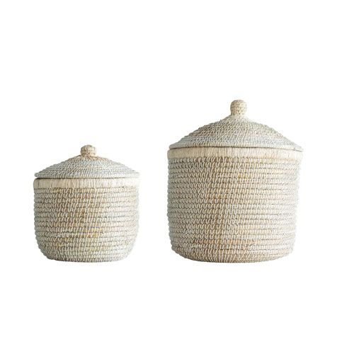 3R Studio Shoreline Whitewashed Woven Baskets With Lids Set Of 2 Df0466 | Bellacor | Bellacor