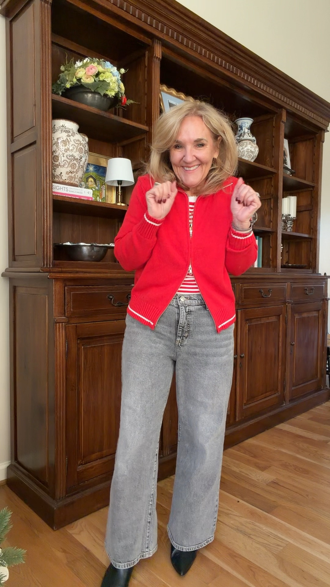 Walmart new arrivals size large except the jeans. I sized down to a 6 

Red sweater Walmart 

#LTKOver40 #LTKPetite #LTKHoliday