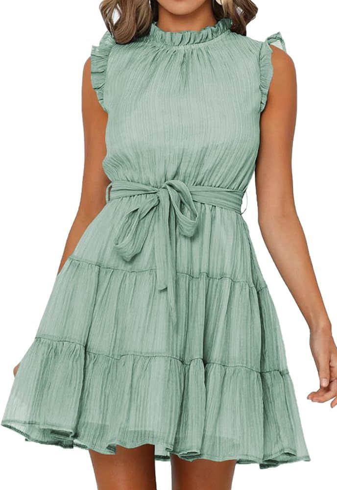 Dokotoo Womens Summer Dresses 2024 Sleeveless Ruffle Waist Tie Casual Tiered Mini Swing Dress | Amazon (US)