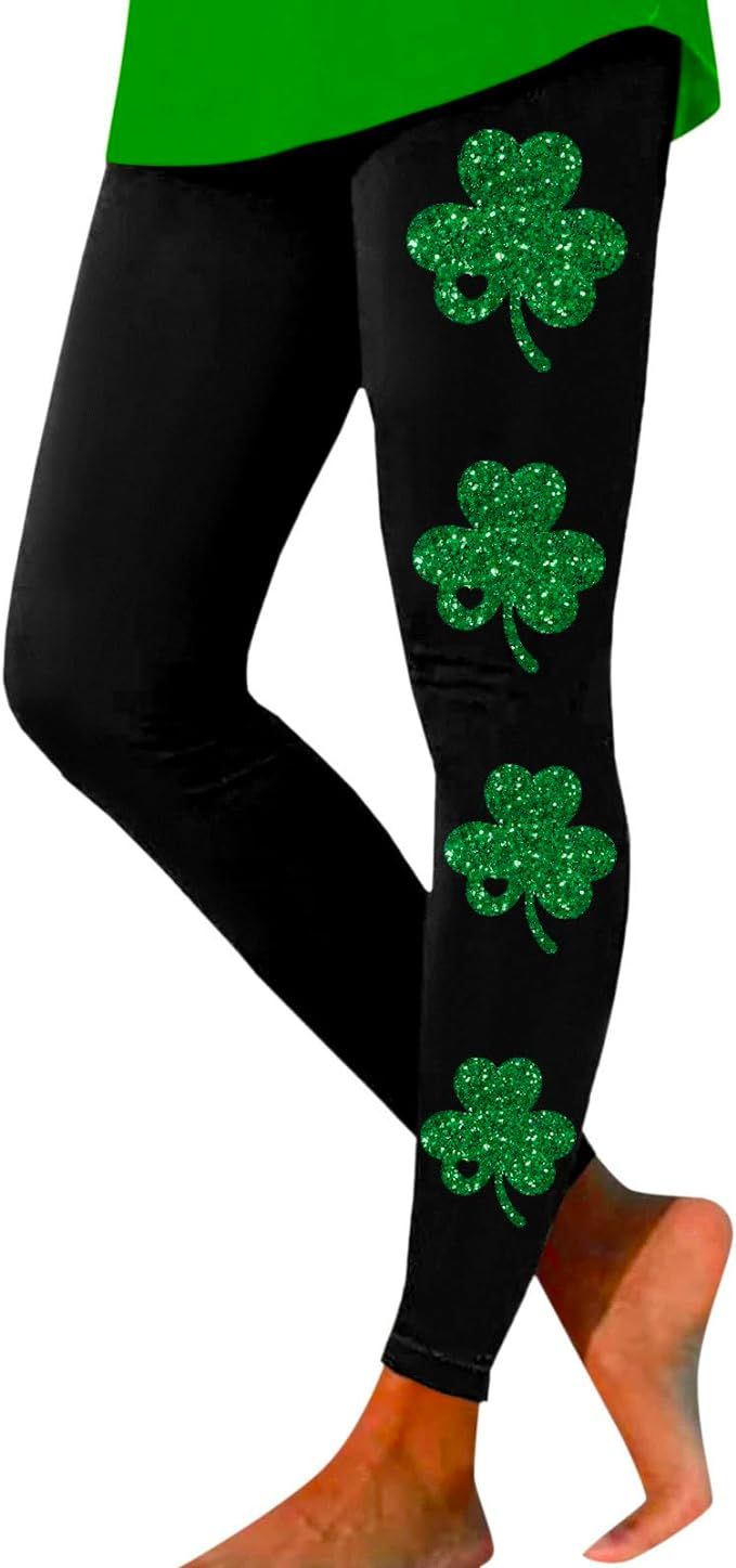 St Patricks Day Tummy Control Leggings for Women Casual Clover Print Workout Leggings Trendy Supe... | Amazon (US)