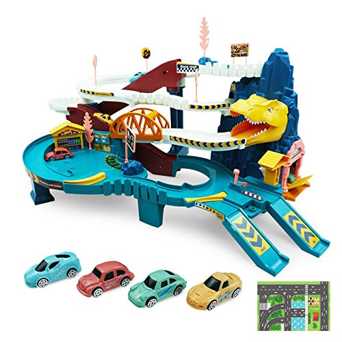 RedCrab Kids Dinosaur Car Playset Toy Ramp Track Set,Dino Adventure Toys with Flexible Track and 4 Mini Race Cars,Winding Highway Dinosaur Hill Toy Gifts for 3 4 5 6 Year Olds Boys Girls | Amazon (US)
