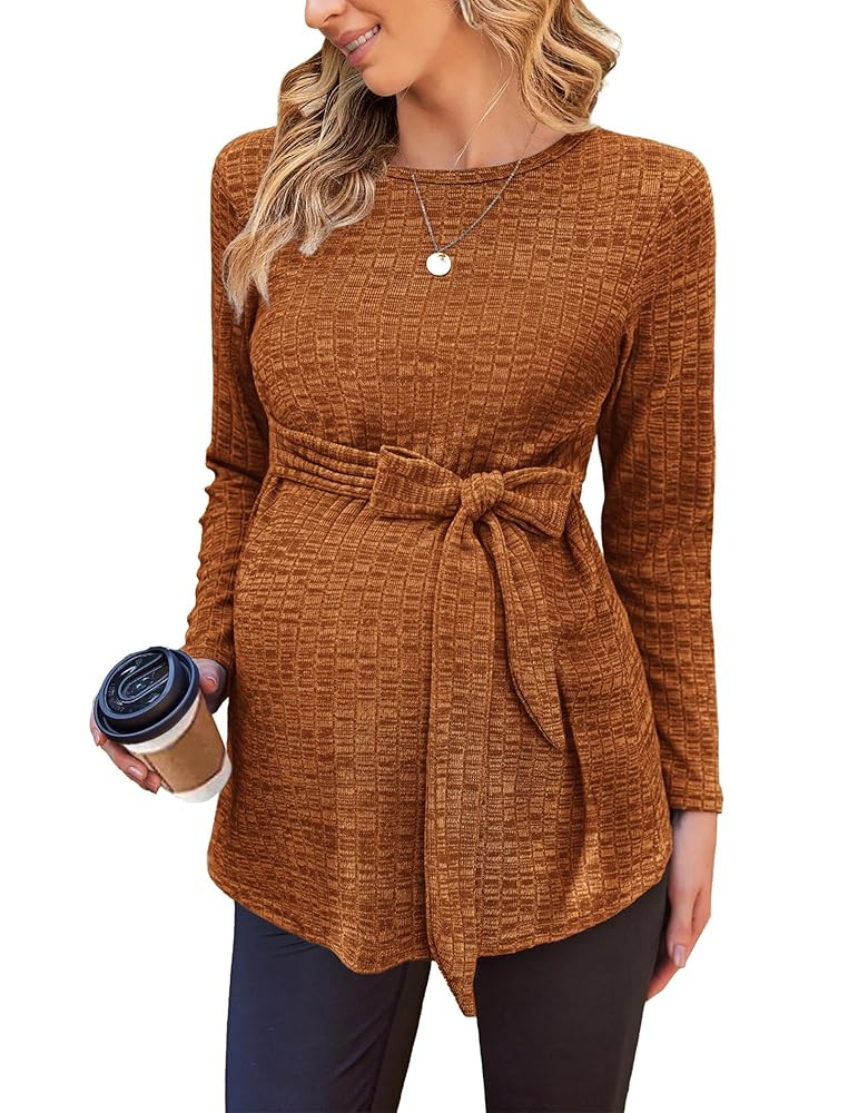 Ekouaer Women's Maternity Shirts Long Sleeve Pregnancy Tops Casual Ribbed Knit Winter Pregnant Bl... | Amazon (US)