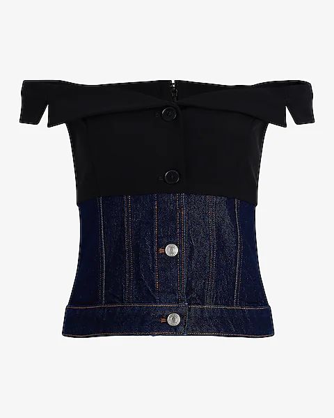 Denim Twill Off The Shoulder Faux Button Front Corset Top | Express