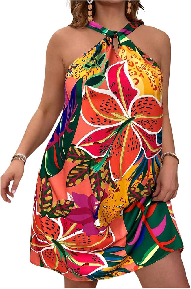 Floerns Women's Plus Size Summer Dress Cut Out Halter Neck Sleeveless Tropical Beach Dresses | Amazon (US)