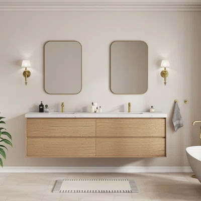 Pre-Assembled Wall Mounted Floating Bathroom Vanity In Natural Oak, Double Sinks With Engineered Marble Top | Wayfair North America