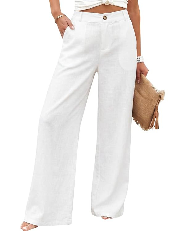 Hooever Womens Cotton Linen Pants Casual Button Up High Waisted Wide Leg Trousers | Amazon (US)