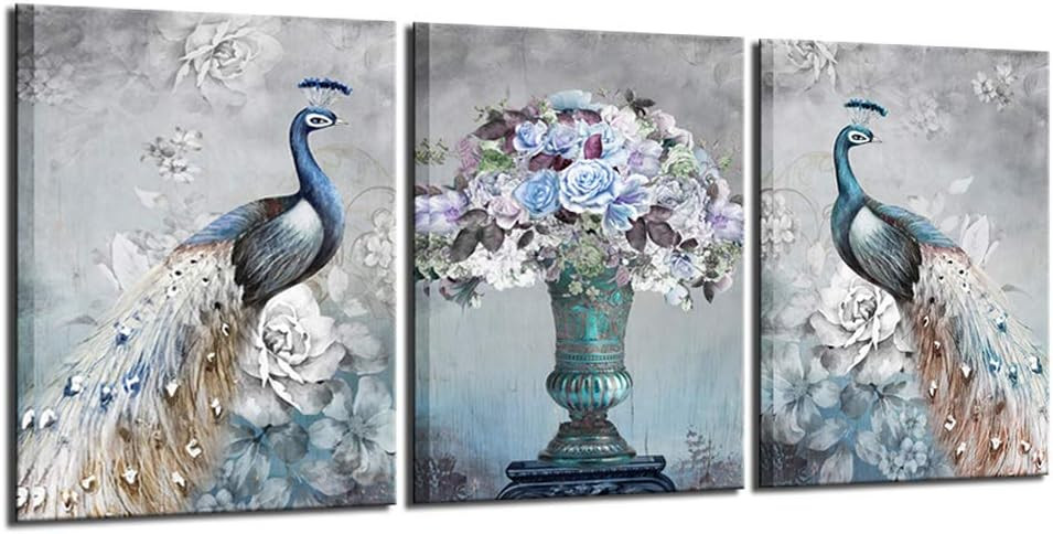 Nachic Wall- Canvas Prints Wall Art Blue Peacock Elegant Flower Painting Giclee Print on Canvas S... | Amazon (US)