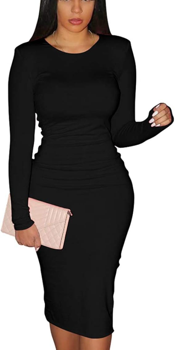 XXTAXN Women's Sexy Bodycon Long Sleeve Round Neck Work Office Midi Pencil Dress | Amazon (US)