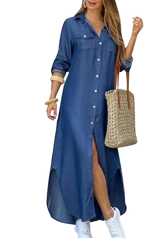 YMING Womens Long Sleeve Button Down Shirt Dress Casual Floral Print Maxi Dresses Loose Fit Blous... | Amazon (CA)