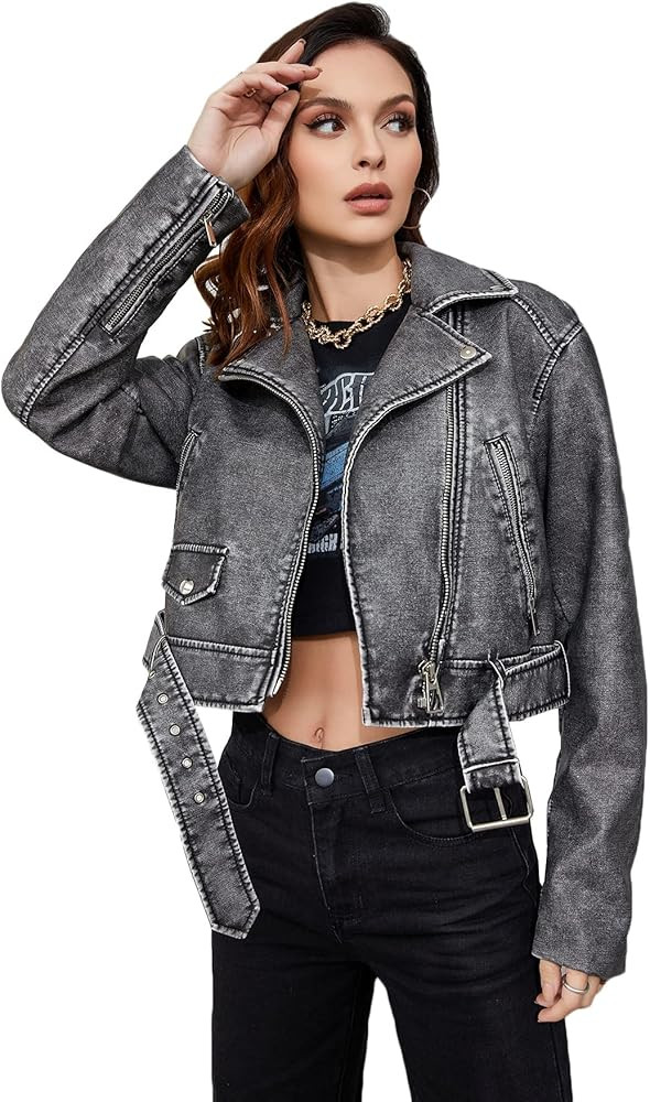 LY VAREY LIN Women Faux Leather Cropped Jacket Lapel Zipper Biker Short Coat with Belt | Amazon (US)