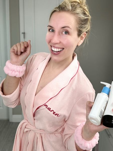 Skincare routine essentials: Cute embroidered robe ✅ 3-piece wrist band set ✅ and a double cleanse✅✅ #skincareroutine 

#LTKBeauty