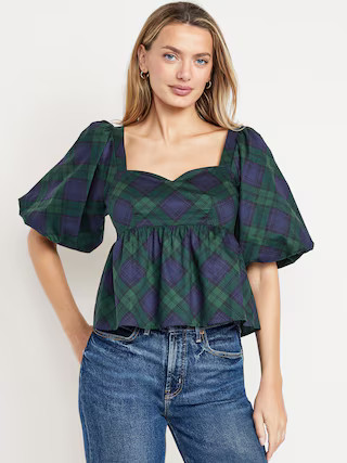 Puff-Sleeve Plaid Poplin Peplum Top | Old Navy (US)