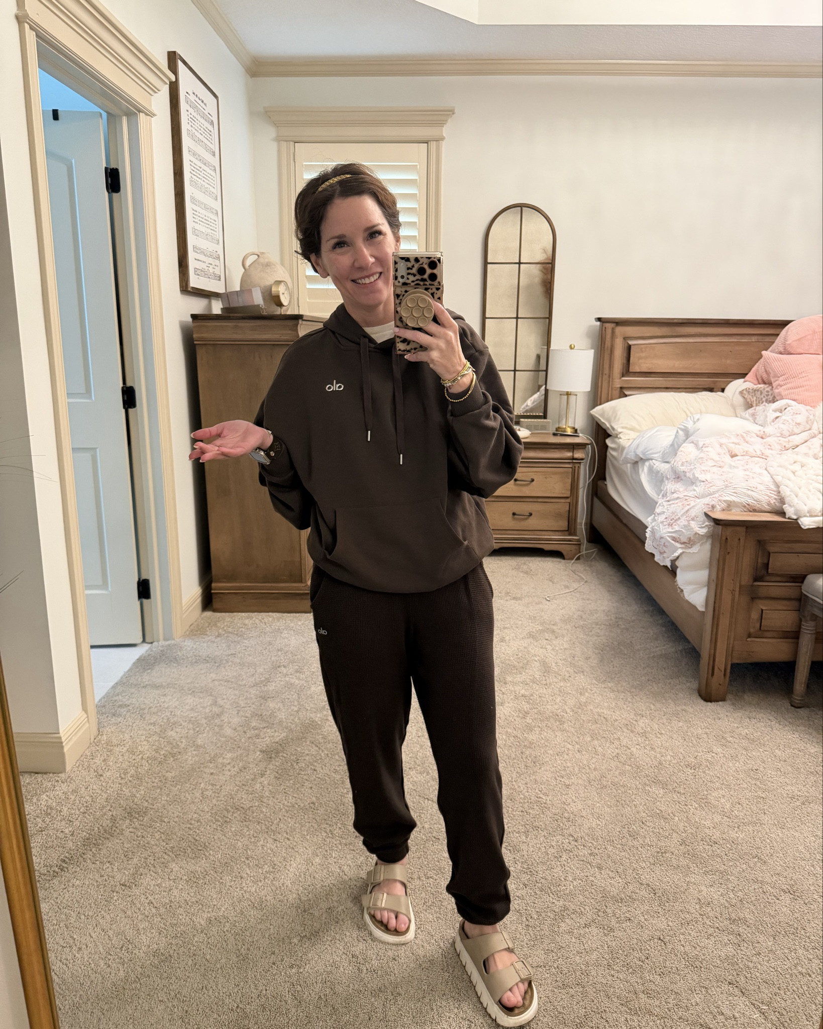 Chocolate monochromatic look from ALO ￼love these waffle jogger pants and hoodie so cute and stylish!!

And these platform Birkenstocks have been a staple for me especially over the spring summer and fall. Also have them in pink 💗

@HSN 

#LTKOver40 #LTKPetite #LTKootd