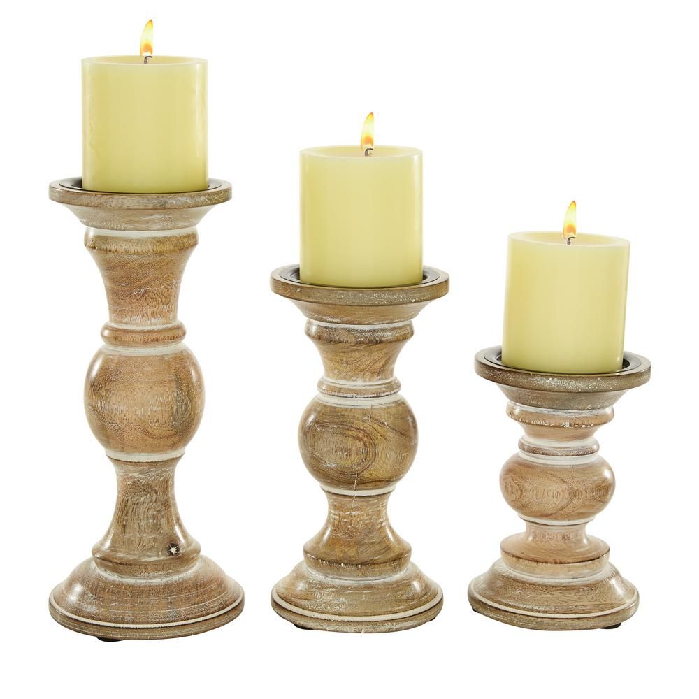LITTON LANE Distressed Brown Wooden Candle Holder, Set of 3: 7"", 9"", 11 | The Home Depot