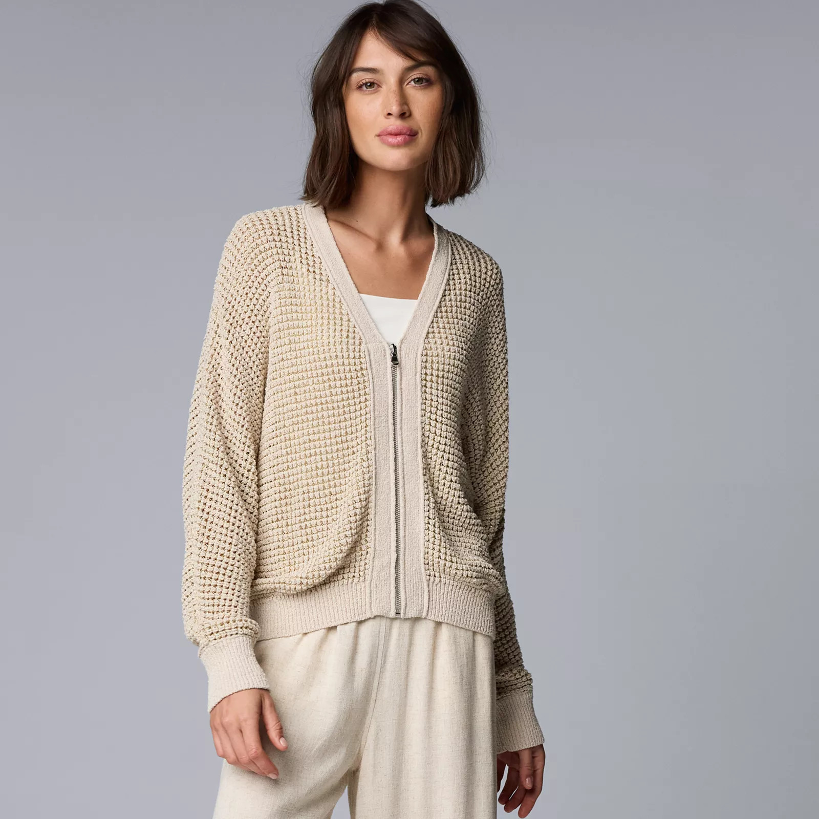 Women's Simply Vera Vera Wang Loose Waffle Knit Zip Front V-Neck Cardigan Sweater | Kohl's