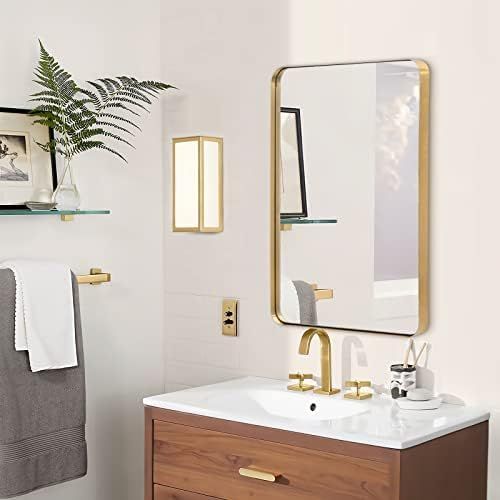 ANDY STAR Gold Bathroom Mirror, 22" x 30" Brushed Brass Metal Wall Mirror, Rounded Rectangle Mirr... | Amazon (US)