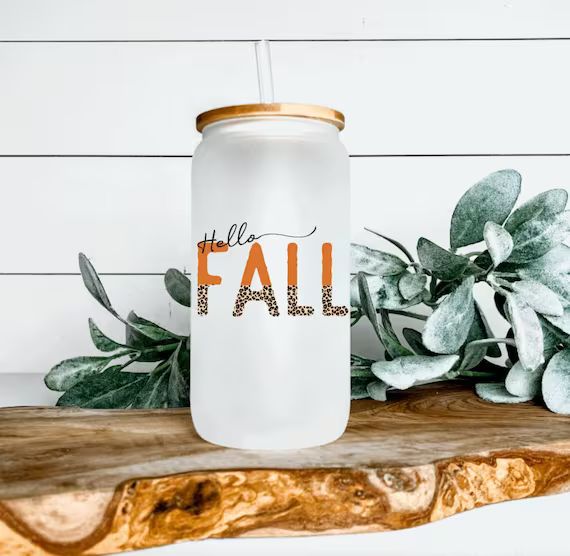 hello fall frosted glass cup - fall glass beer can - retro fall - cup - tumbler - halloween iced ... | Etsy (US)