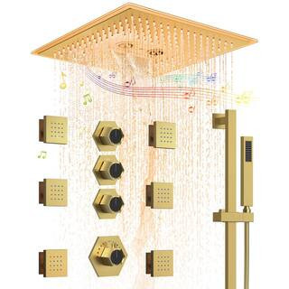 17-Spray 16 in. Dual Shower Heads Ceiling Mount Fixed and Handheld Shower Head with LED and Music in Brushed Gold | The Home Depot