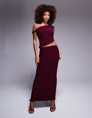 ASOS DESIGN co-ord slinky twist off shoulder top and maxi skirt in burgundy | ASOS (Global)