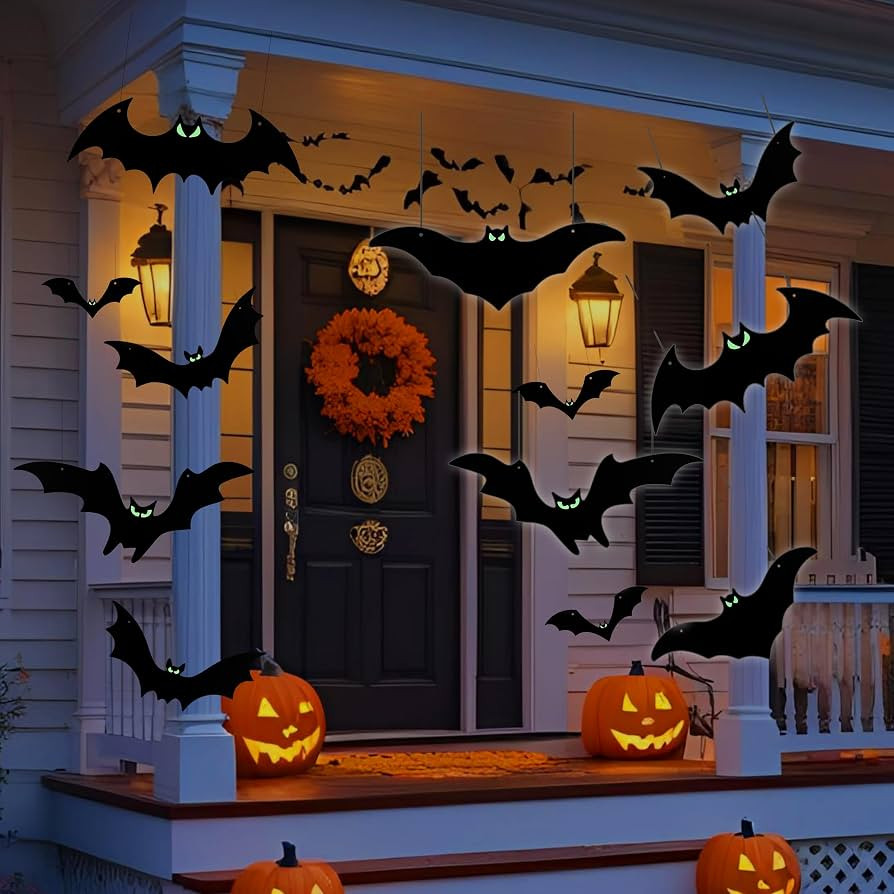 Hanging Bats Halloween Decorations Outdoor - 16 Pack Glowing Eyes Large Flying Bats 5 Different S... | Amazon (US)