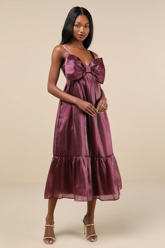 Extravagant Initiative Shiny Plum Organza Bow Midi Dress | Lulus