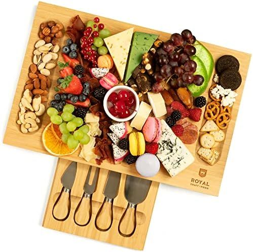 Unique Bamboo Cheese Board, Charcuterie Platter & Serving Tray Including 4 Stainless Steel Knife & T | Amazon (US)