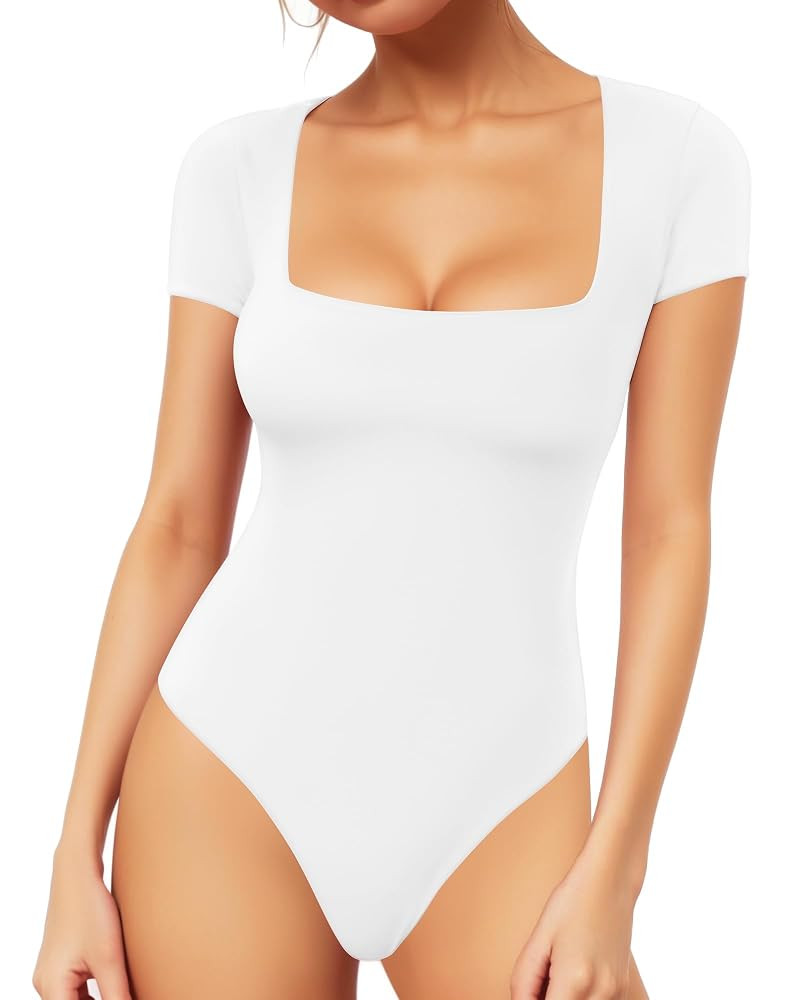 MANGOPOP Women's Square Neck Short Sleeve Long Sleeve Bodysuit Sexy Body Suits Shirt Slim Fitted ... | Amazon (US)
