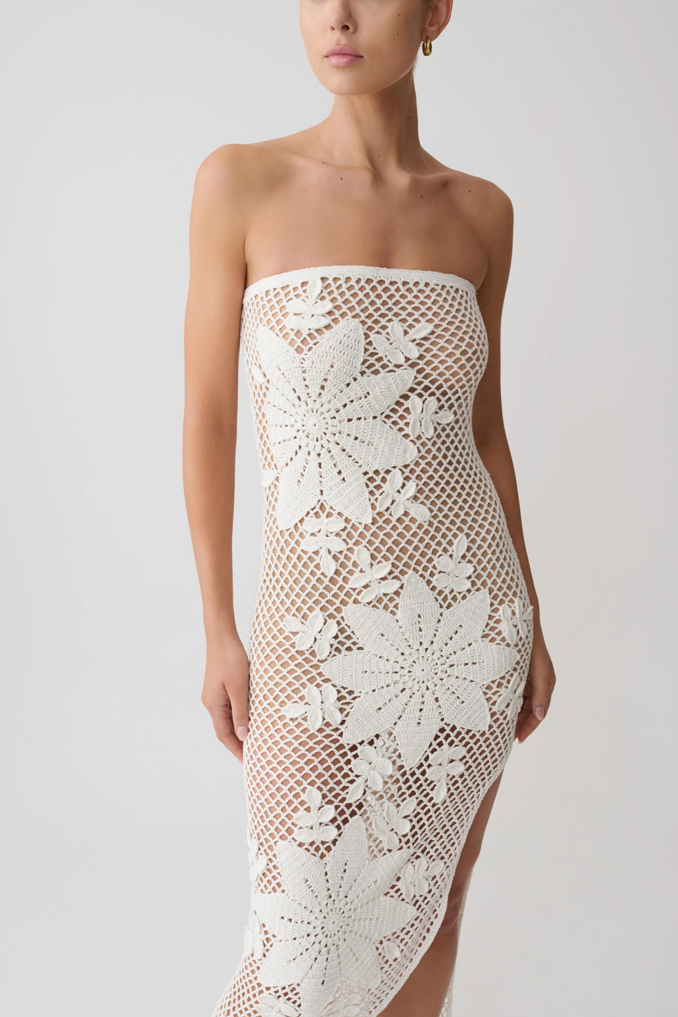 Mandie Hand Crochet Asymmetrical Maxi Dress - White | Meshki UK