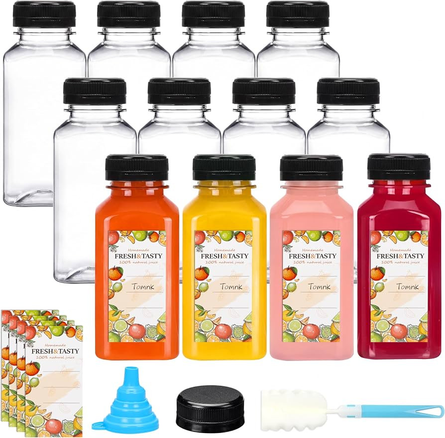 TOMNK 12pcs 8oz Plastic Juice Bottles with Caps Empty Reusable Clear Bottles with Label, Funnel a... | Amazon (US)