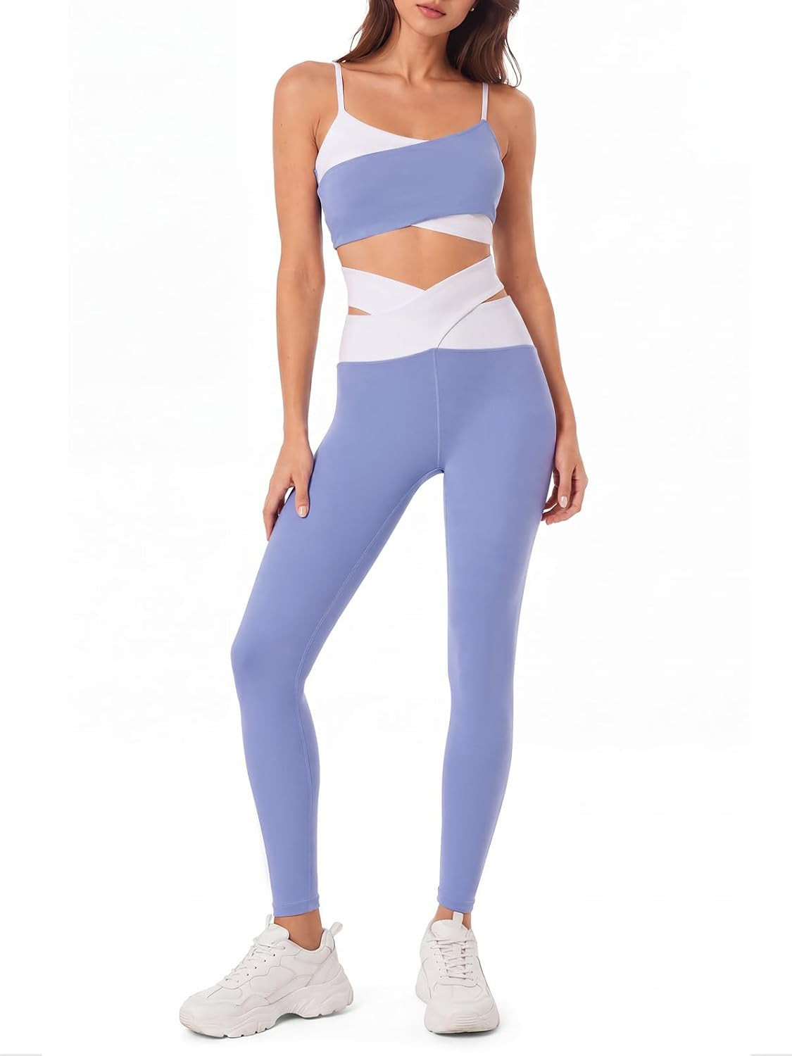 Womens Workout Sets Padded Sports Bras Crossover High Waisted Leggings 2 Piece Outfits Matching Sets | Amazon (US)