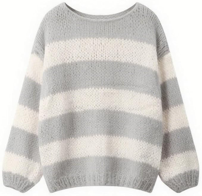 Oversized Sweaters for Women Color Block Striped Sweaters Y2K Crewneck Long Sleeve Knit Sweater | Amazon (US)
