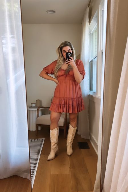 On sale! The code is FALLFITS25. This dress is so cute! I love the color and the fit- its stretchy and so flattering!
.
Bohme, pink dress, peach dress, cowboy boots, tan cowboy boots, ivory cowboy boots 

#LTKunder50 #LTKsalealert #LTKSeasonal
