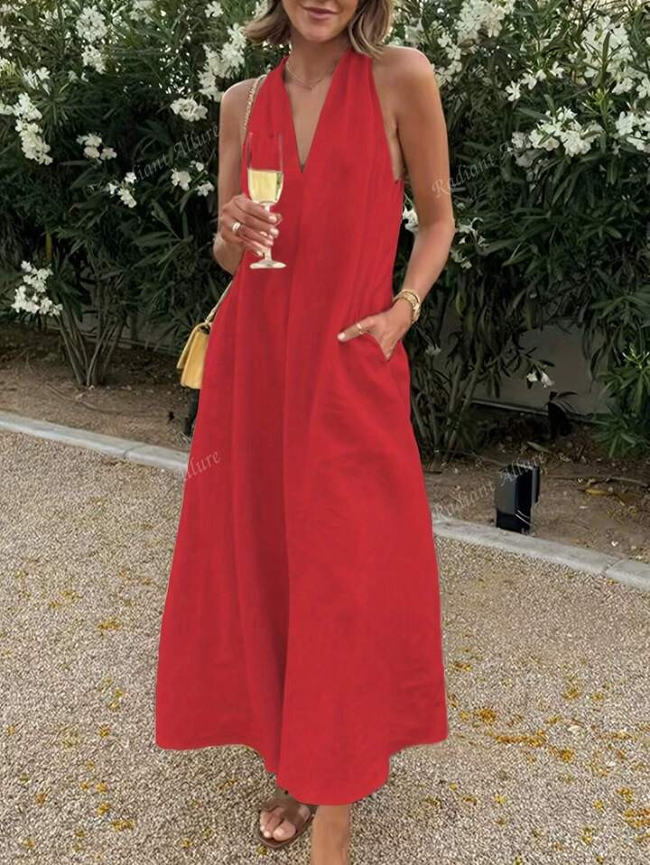 Spring And Summer New Style Back Cross Halter Neck V-Neck Sleeveless Off-Shoulder Casual Resort Style Solid Color Long Dress | SHEIN