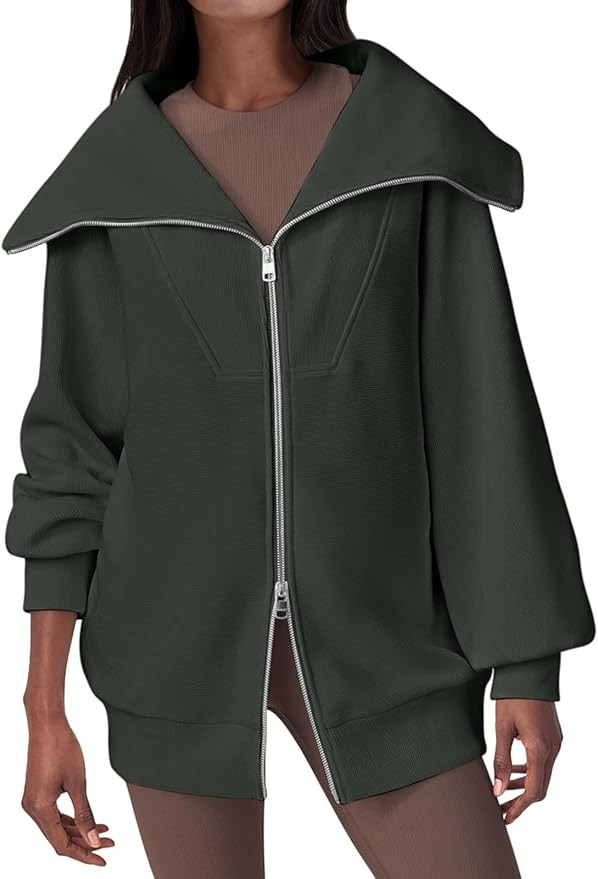 DEEP SELF Women's Zip Up Oversized Sweatshirts Long Sleeve Collared Casual Jacket 2024 Trendy Clo... | Amazon (US)
