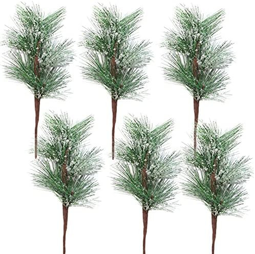 6 Pack Snowy Greenery Pine Picks, 10.6 Inch Artificial Christmas Green Pine Needles Branches Fake... | Amazon (US)