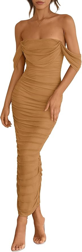 PRETTYGARDEN Womens 2026 Summer Off The Shoulder Dress Ruched Bodycon Sleeveless Split Cocktail P... | Amazon (US)