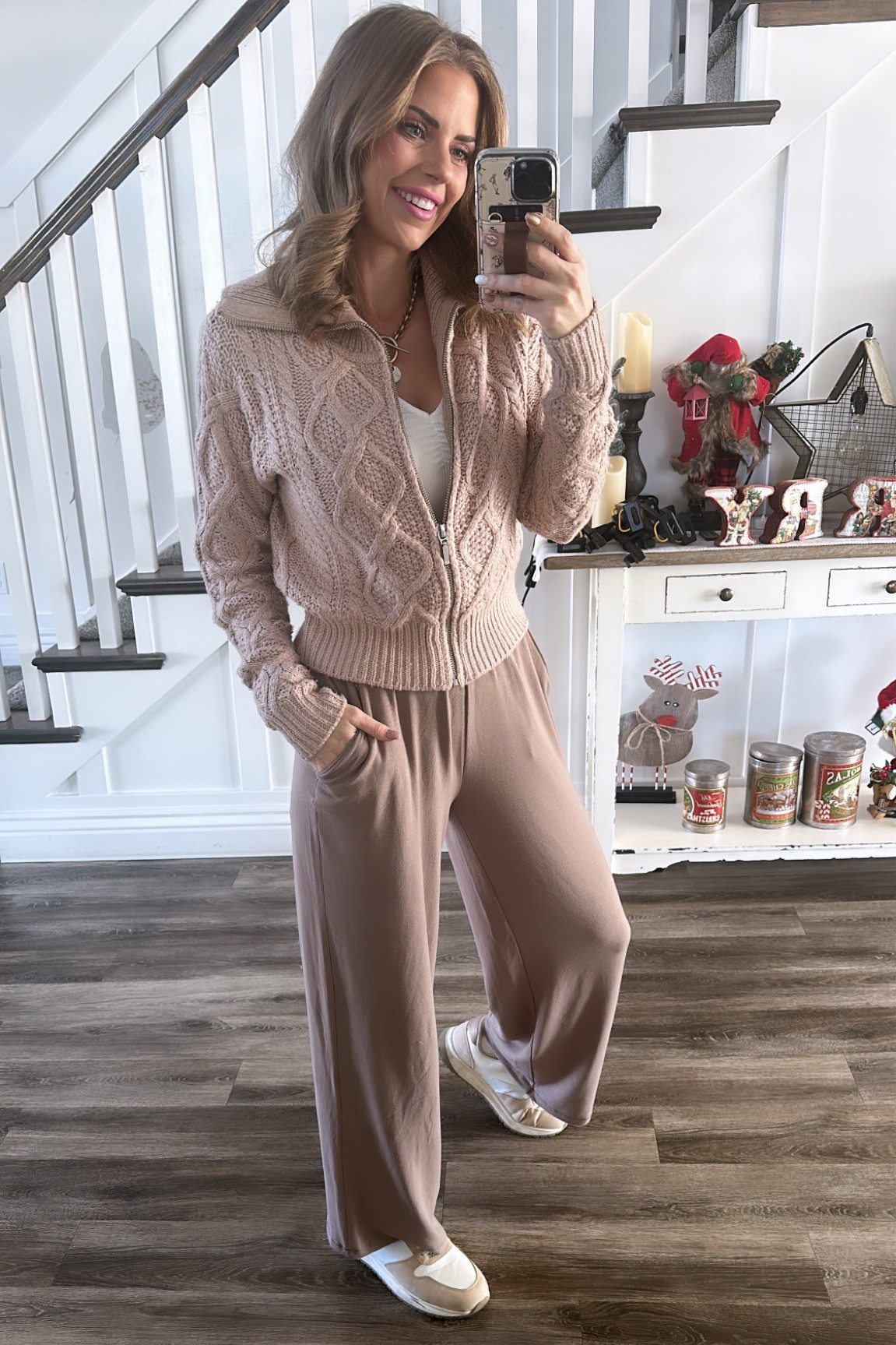 Cozy outfit! 
This sweater has been on repeat if you haven’t noticed! It’s a good one. Size DOWN one size! 

Pants- OB-SESSED! So soft and cozy! True to size! 

These shoes are back in stock!!! Walmart find! So comfortable- they have memory foam in them! True to size! 

#LTKSeasonal #LTKHoliday
