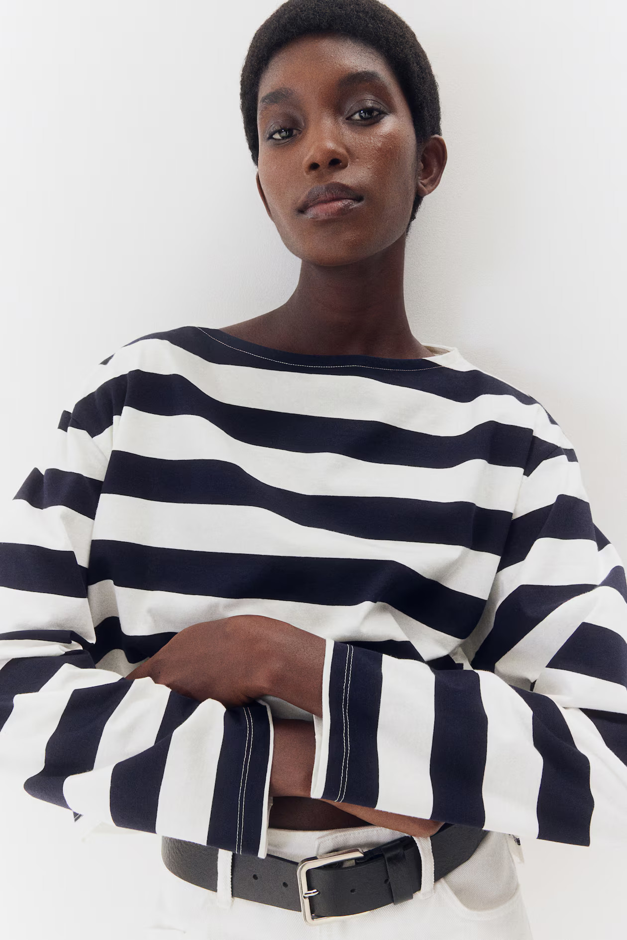 Oversized boat-neck top - Boat neck - Long sleeve - Navy blue/White striped - Ladies | H&M GB | H&M (UK, MY, IN, SG, PH, TW, HK)