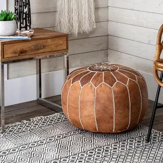 Oliver & James Araki Moroccan Leather Handmade Ottoman Pouf - Brown | Bed Bath & Beyond