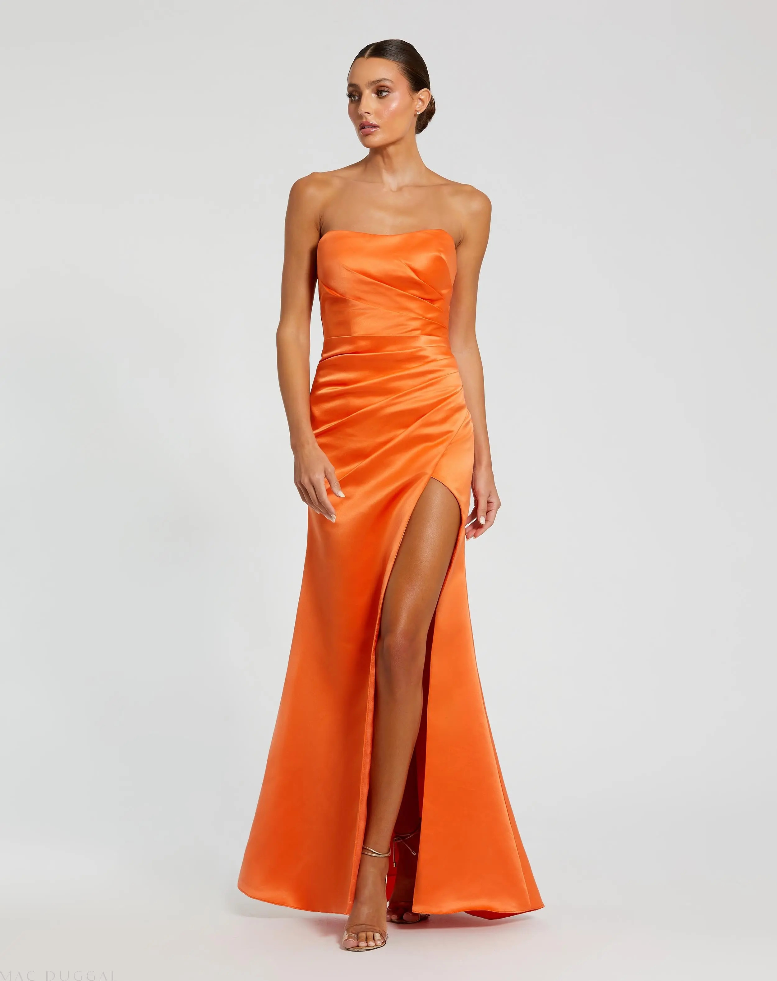 Orange Strapless Satin Gown With Slit | Mac Duggal | Mac Duggal