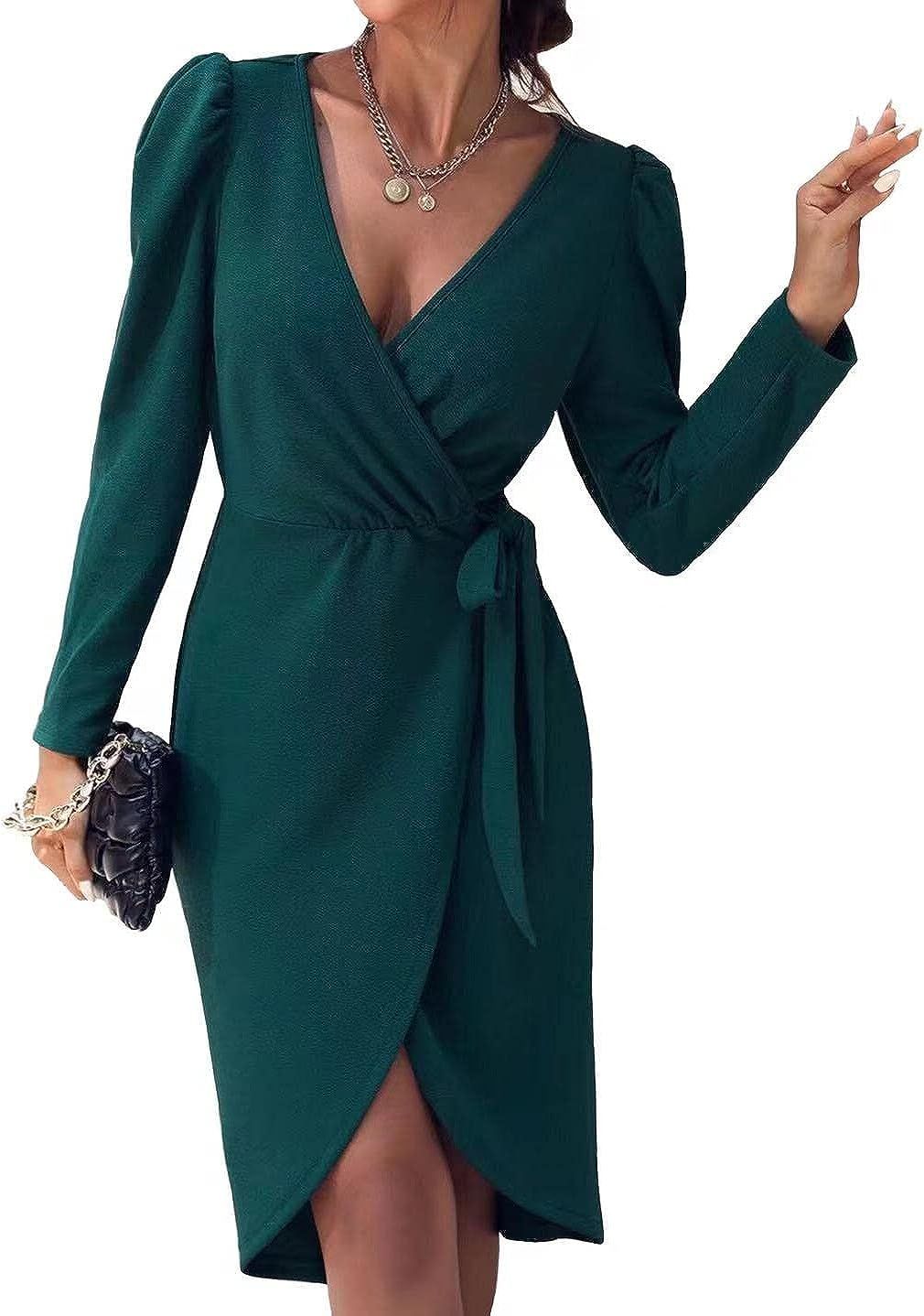 MOMOALWAYS Long Sleeve Midi Dress for Women Vintage Wrap Dress Deep V-Neck Waist Tie Dress Date P... | Amazon (US)