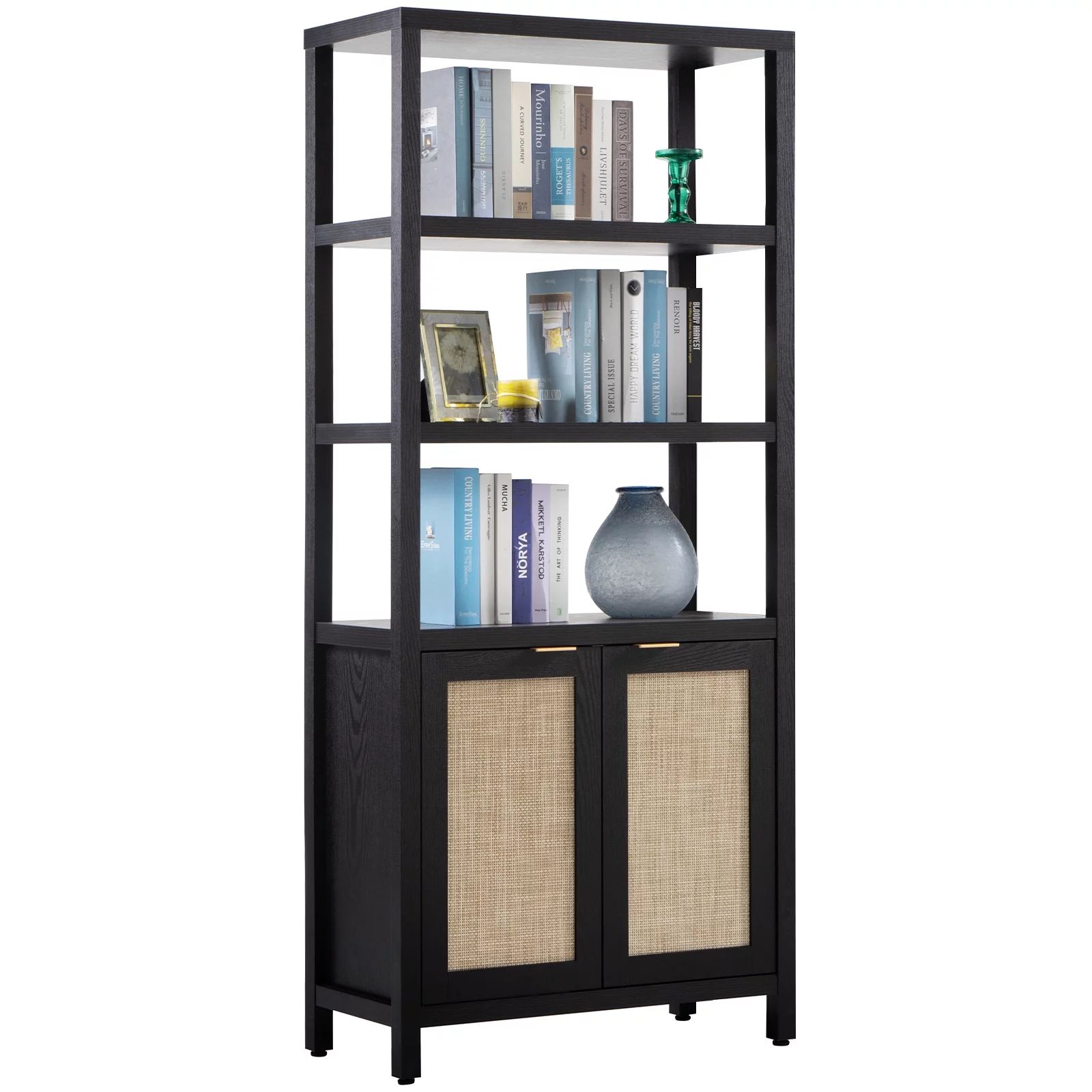 Surmoby Rattan Bookshelf with Doors,5 Shelf Bookcase with Storage Cabinet,Boho 3-Tier Open Shelf ... | Walmart (US)