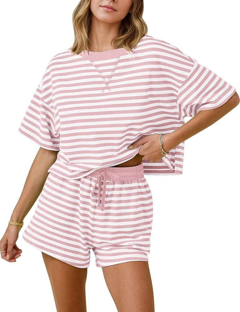 MISSACTIVER Womens Lounge 2 Piece Sets Summer Striped Matching Pajamas Set Short Sleeve Oversized... | Amazon (US)