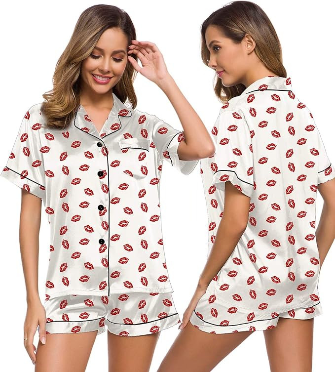SWOMOG Womens Silk Satin Pajamas Set Two-piece Pj Sets Sleepwear Loungewear Button-Down Pj Sets | Amazon (US)