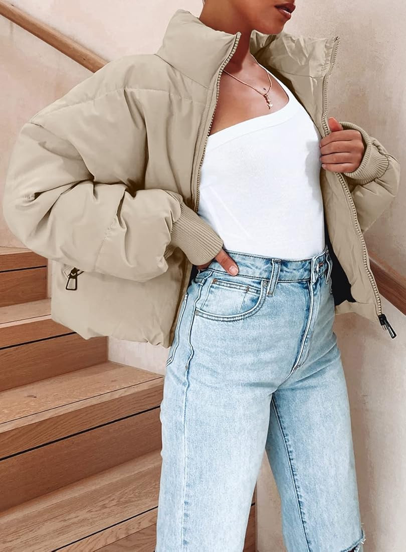 MEROKEETY Women's Winter Long Sleeve Zip Puffer Jacket Pockets Baggy Short Down Coats | Amazon (US)