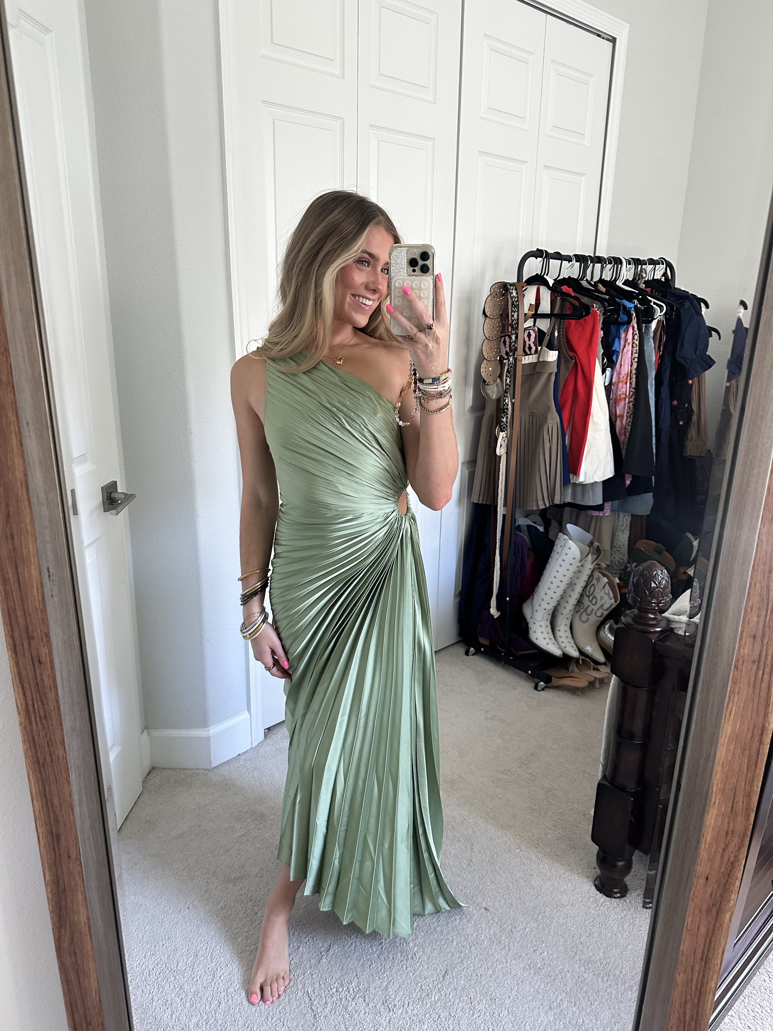 Confete Olympia Sage Green Pleated One Shoulder Gown. @shop.Confete. This bestselling style is now available in a new fall color! We're crowning the Olympia Pleated One Shoulder Gown the dress of the year!  In a luxe shimmering pale sage green, this pleated maxi dress features fluid draping, a one shoulder silhouette and an elasticized keyhole cutout that helps flatter all different body types.  Asymmetrical hem.  Hidden side zip.  Available in bronze, pearl, blue, blue ombre, mimosa, sage green and olive green.  


#LTKParties #LTKWedding #LTKFindsUnder100