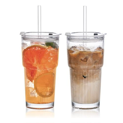 20oz Glass Tumblers with Lids and Straws, Set of 2 - Stylish Ribbed Design Drinking Glasses for Iced Coffee Cups, Juice, Smoothies, Cold Beverages, Includes Cleaning Brush, Durable Glassware | Amazon (US)